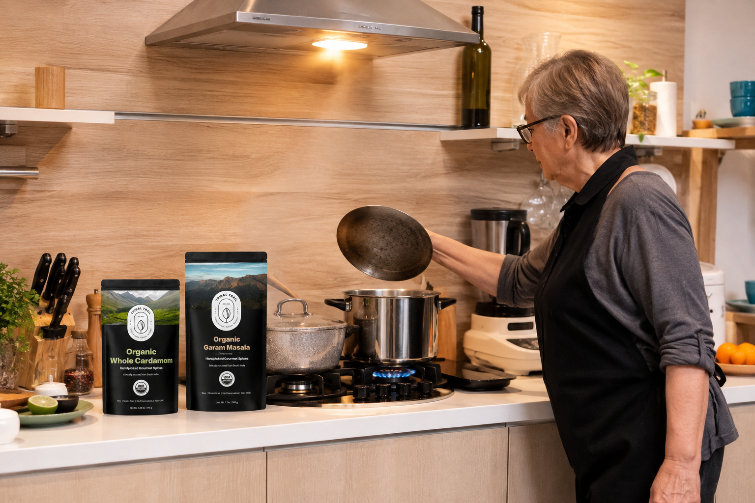An older woman cooking beside Tribal Trail Whole Cardamom and Garam Masala pouches